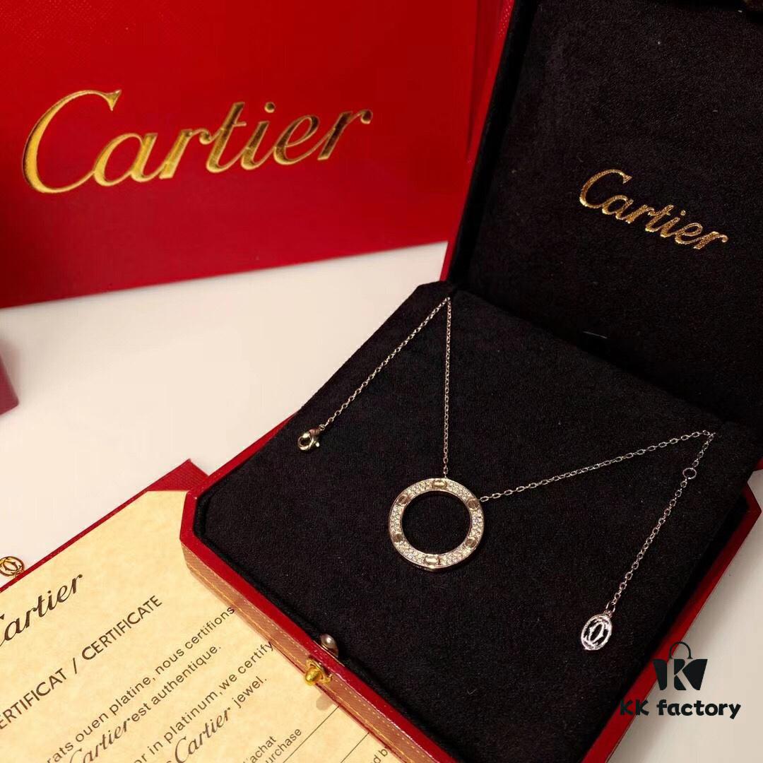 Cartier Love Series Full Diamond-Set Smooth 'Big Cake' Necklace, Two-Way Wearable, German Imported Gold Plated with Pt 950 Platinum Finish, Anti-Tarnish, Authentic Logo Engraving and Holographic Security Code, Lobster Clasp in Rose Gold, White Gold, and Yellow Gold