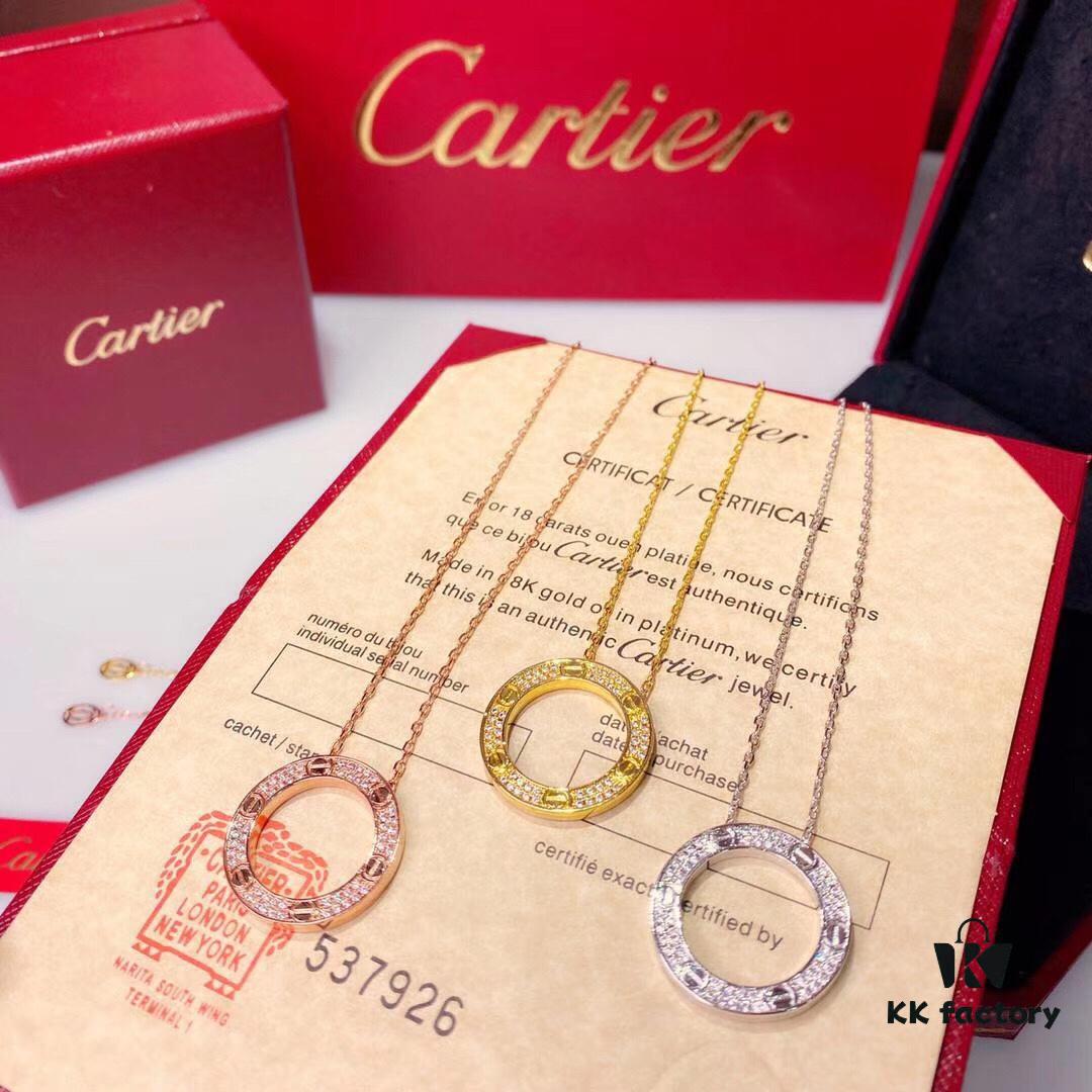 Cartier Love Series Full Diamond-Set Smooth 'Big Cake' Necklace, Two-Way Wearable, German Imported Gold Plated with Pt 950 Platinum Finish, Anti-Tarnish, Authentic Logo Engraving and Holographic Security Code, Lobster Clasp in Rose Gold, White Gold, and Yellow Gold