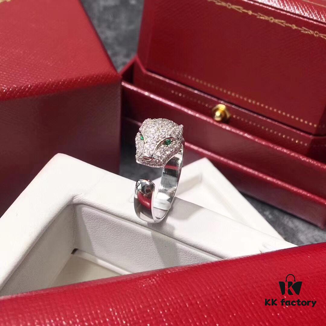 Cartier Panther Head Diamond-Paved Open Ring in Sterling Silver with 18K Rose Gold Plating, Zirconia Inlay, Available in Three Colors: Gold, Silver, and Rose Gold