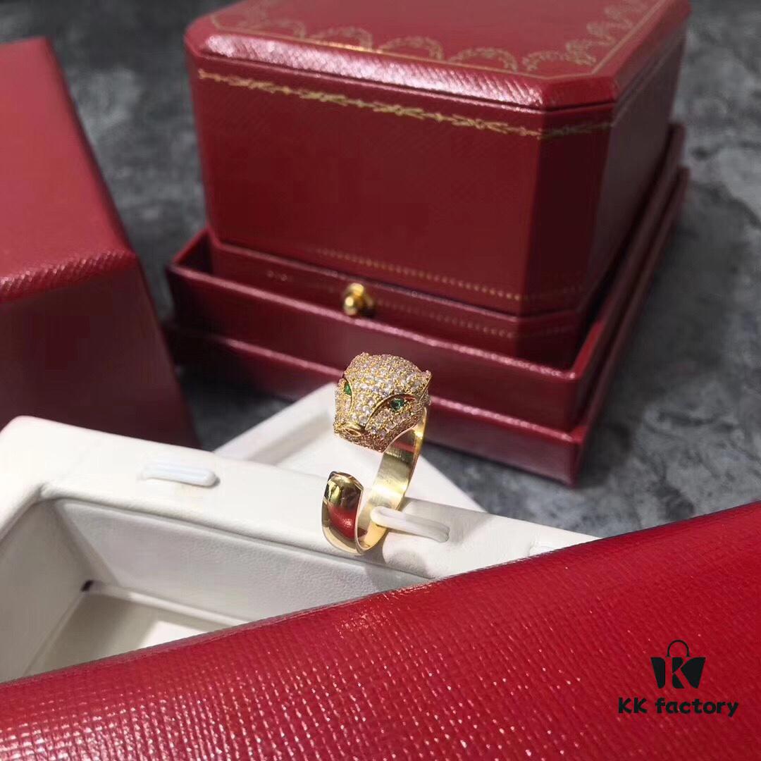 Cartier Panther Head Diamond-Paved Open Ring in Sterling Silver with 18K Rose Gold Plating, Zirconia Inlay, Available in Three Colors: Gold, Silver, and Rose Gold