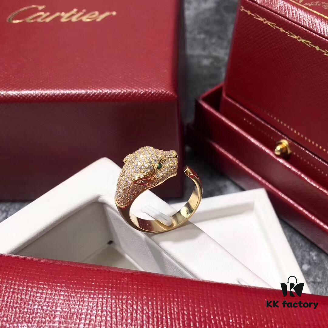Cartier Panther Head Diamond-Paved Open Ring in Sterling Silver with 18K Rose Gold Plating, Zirconia Inlay, Available in Three Colors: Gold, Silver, and Rose Gold