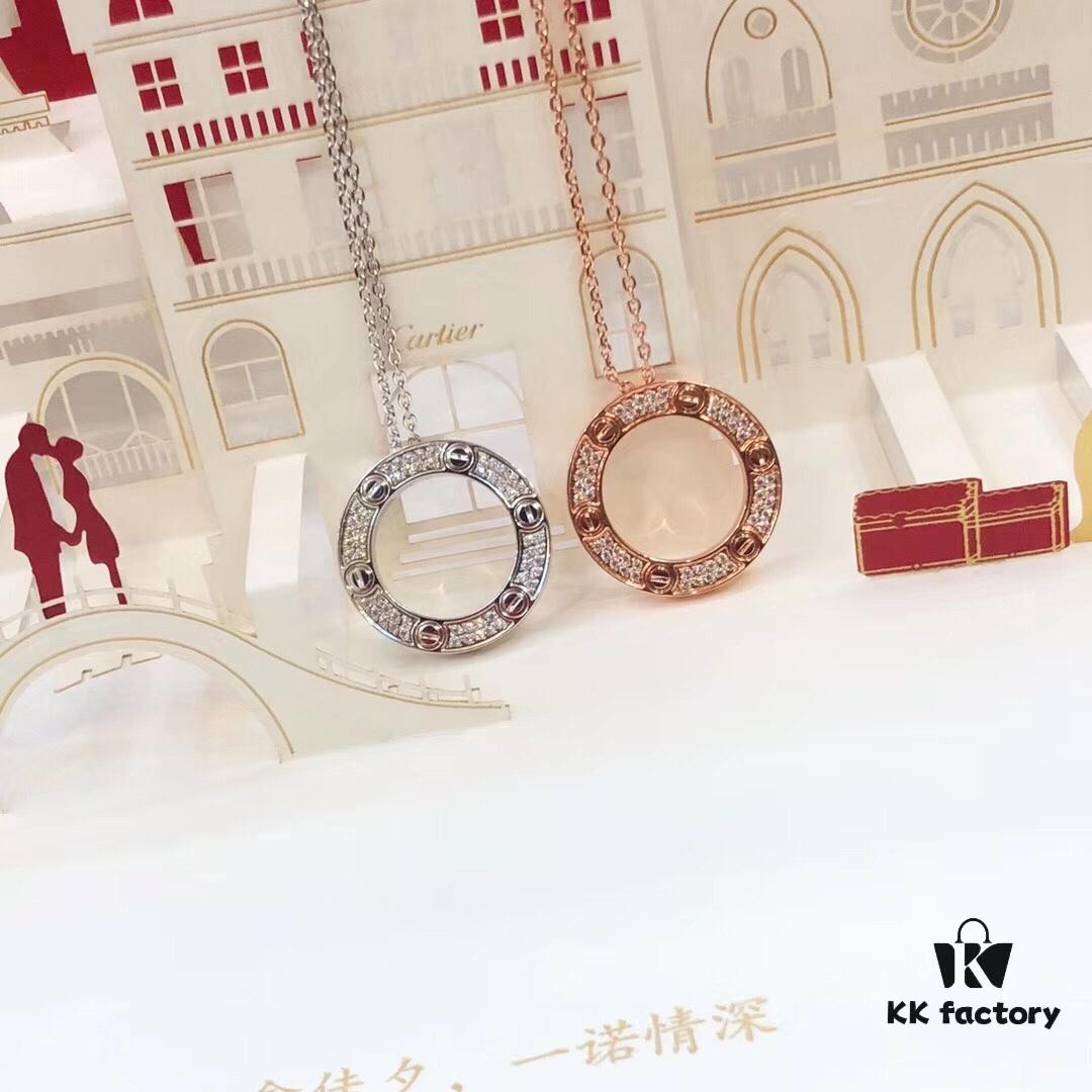 Bestseller New Arrival CARTIER Love Series Diamond-Paved Round Necklace in White Gold and Rose Gold