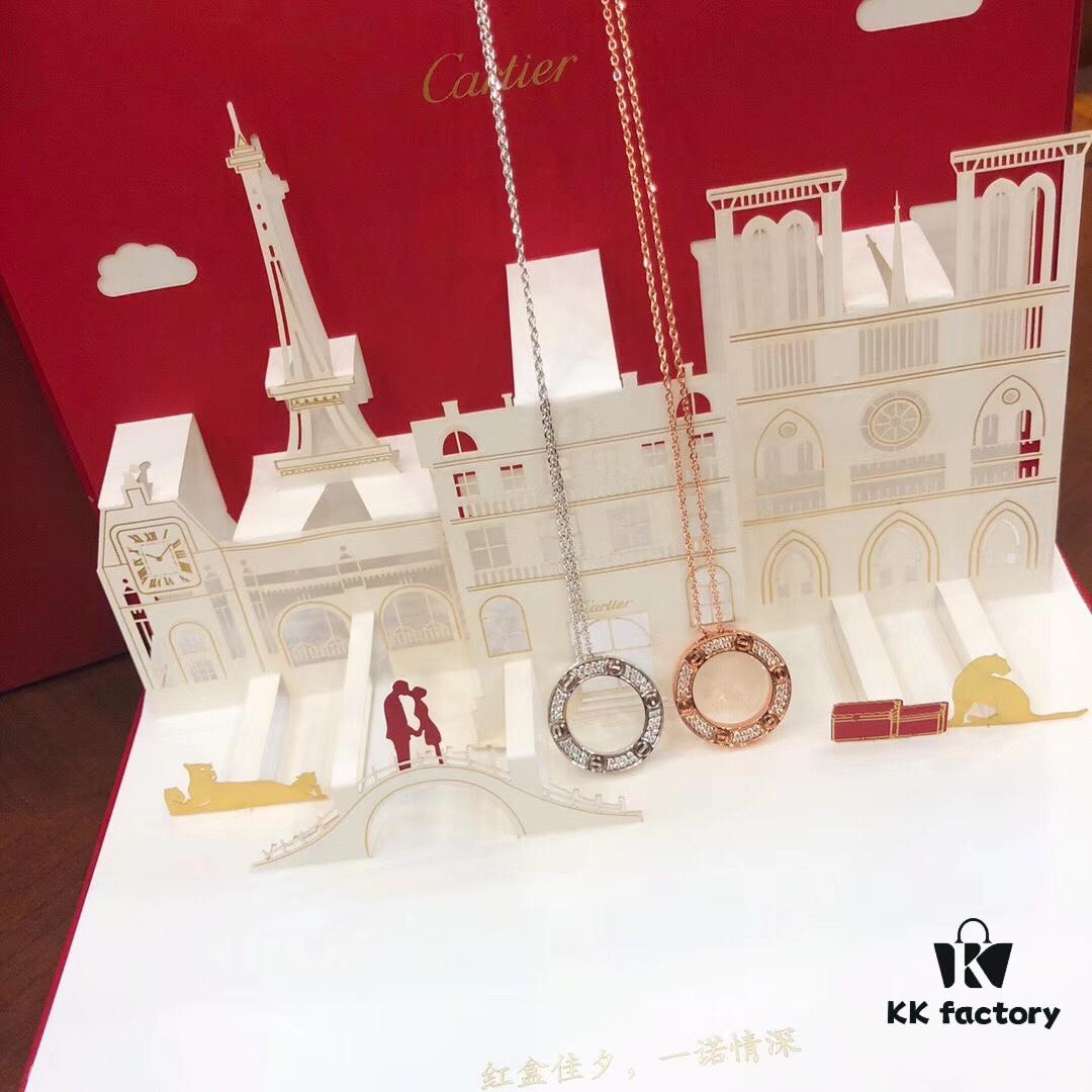 Bestseller New Arrival CARTIER Love Series Diamond-Paved Round Necklace in White Gold and Rose Gold