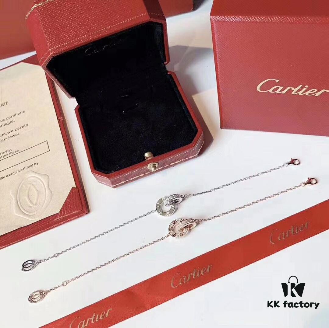 Cartier LOVE Collection Dual Full Diamond Double-Sided Bracelet, Large and Small Two-Ring Design, CNC Polished with Screw Detail, Premium German S925 Sterling Silver with Thick Gold Plating, Available in Rose Gold and Platinum Finish