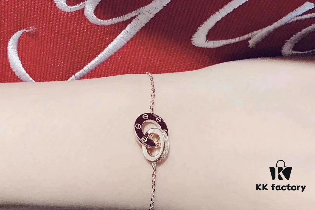 Cartier LOVE Collection Dual Full Diamond Double-Sided Bracelet, Large and Small Two-Ring Design, CNC Polished with Screw Detail, Premium German S925 Sterling Silver with Thick Gold Plating, Available in Rose Gold and Platinum Finish