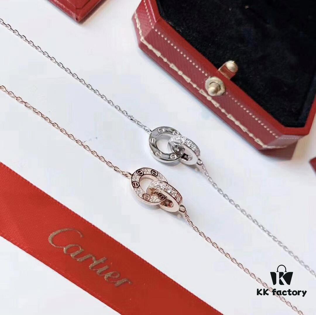 Cartier LOVE Collection Dual Full Diamond Double-Sided Bracelet, Large and Small Two-Ring Design, CNC Polished with Screw Detail, Premium German S925 Sterling Silver with Thick Gold Plating, Available in Rose Gold and Platinum Finish