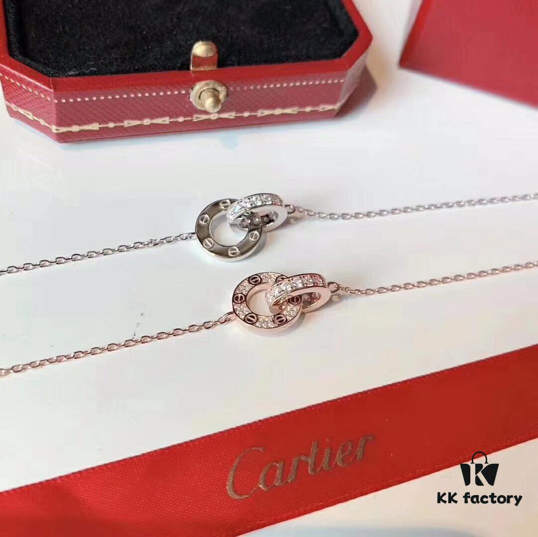 Cartier LOVE Collection Dual Full Diamond Double-Sided Bracelet, Large and Small Two-Ring Design, CNC Polished with Screw Detail, Premium German S925 Sterling Silver with Thick Gold Plating, Available in Rose Gold and Platinum Finish
