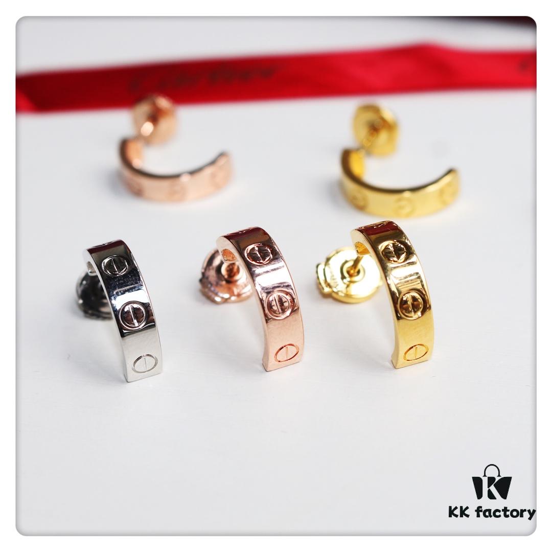 Cartier Love Earrings Studs, Rose Gold, White Gold, Yellow Gold, Original Saucer Backs, German Imported Silver with Thick Gold Plating