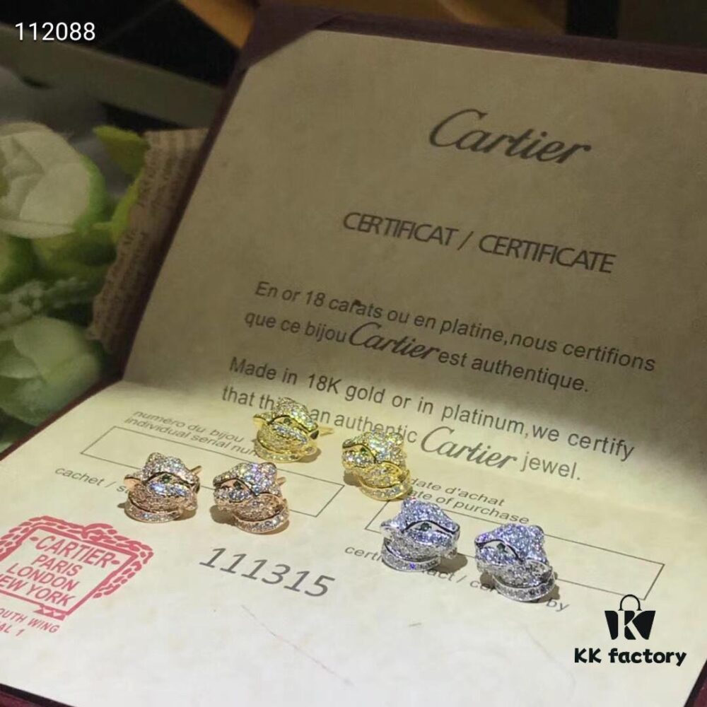 Cartier Luxury Panther Head Stud Earrings, Clip-on Design, Elegant and Noble, Classic Aristocratic Style, Fully Paved with AAAA Sparkling Cubic Zirconia, 18K Gold Plated Finish