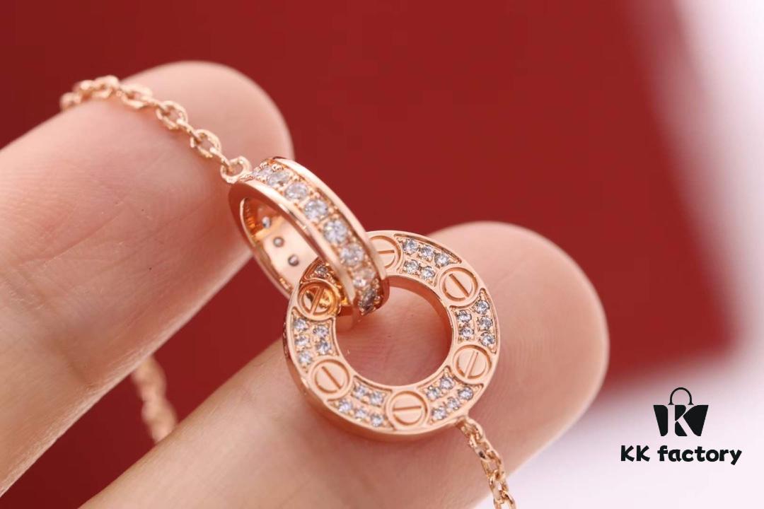 New Arrival 💗 Cartier Rose Gold Double Ring Full Diamond Round Pendant Necklace