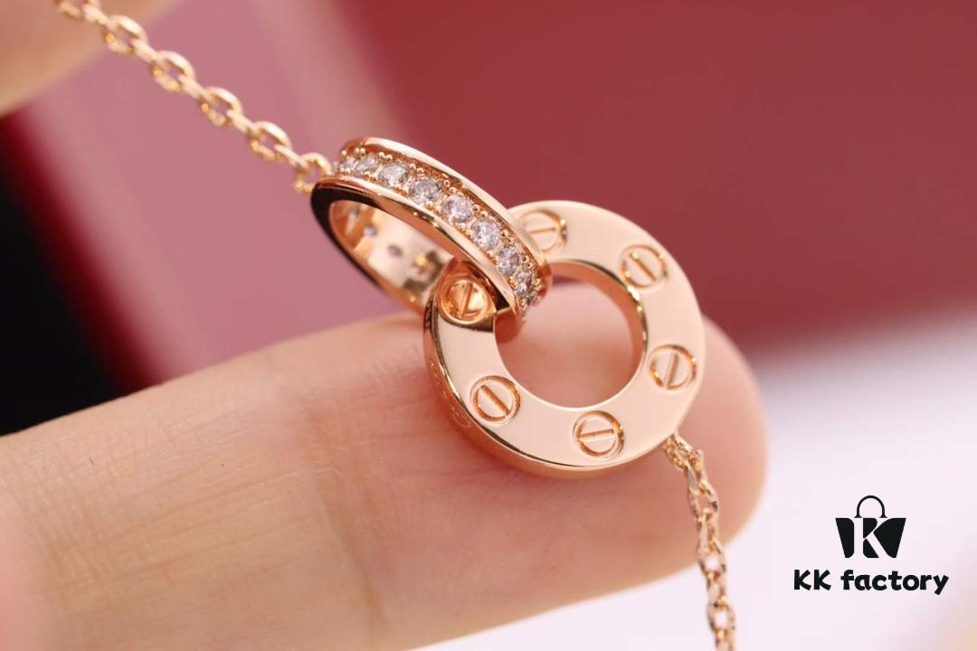 New Arrival 💗 Cartier Rose Gold Double Ring Full Diamond Round Pendant Necklace