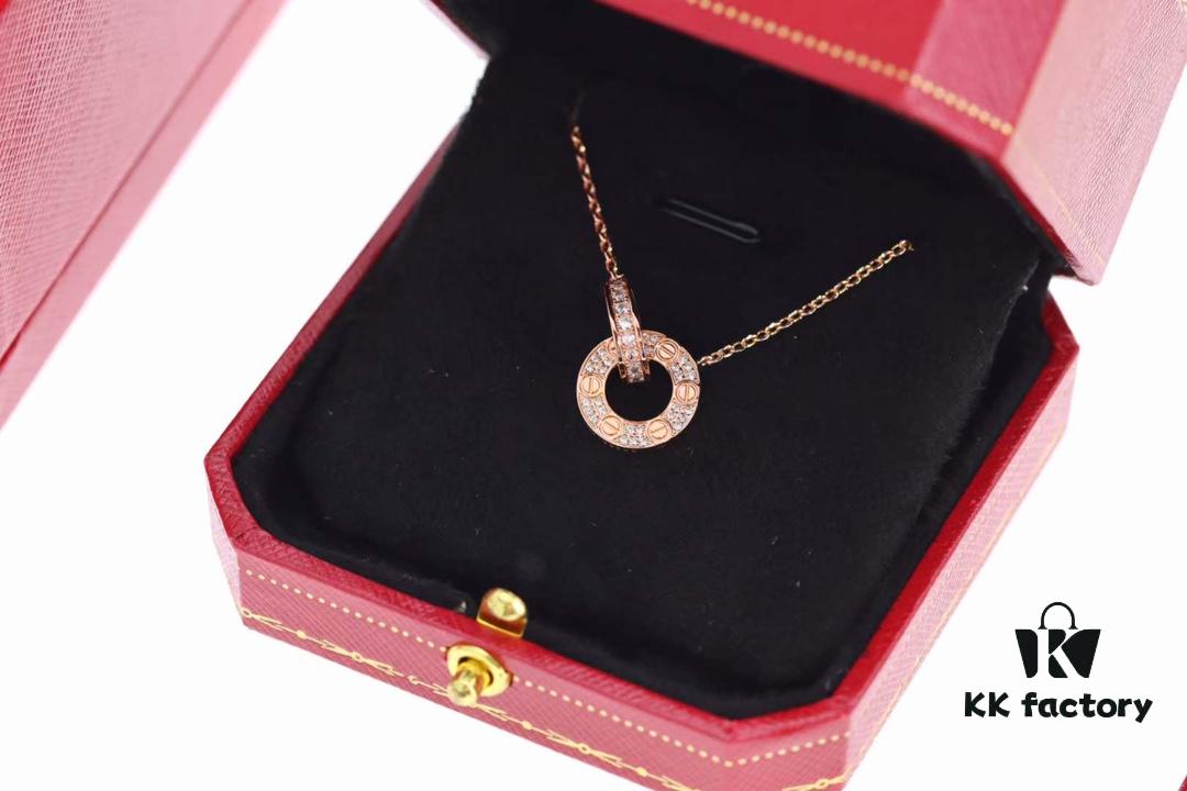 New Arrival 💗 Cartier Rose Gold Double Ring Full Diamond Round Pendant Necklace