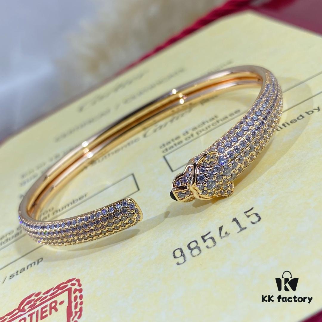 New Arrival V Gold Plated with Mimi Gold CNC Hand-Set Diamond Cartier Style Slim Half-Pave Panther Bracelet, Size 16.17
