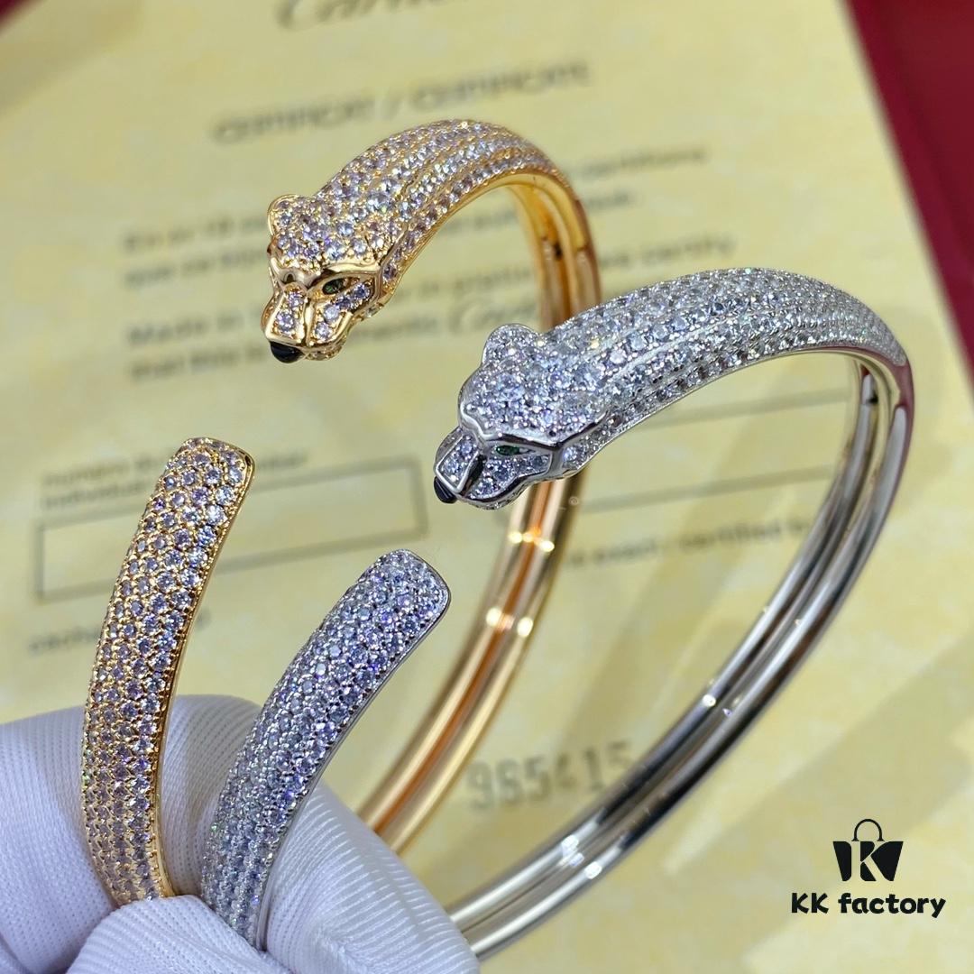 New Arrival V Gold Plated with Mimi Gold CNC Hand-Set Diamond Cartier Style Slim Half-Pave Panther Bracelet, Size 16.17