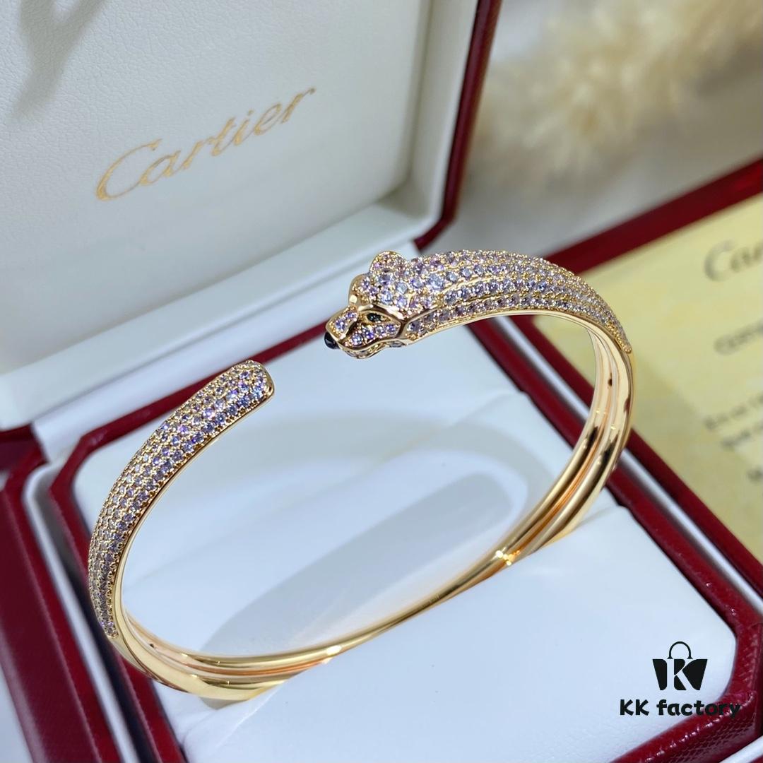 New Arrival V Gold Plated with Mimi Gold CNC Hand-Set Diamond Cartier Style Slim Half-Pave Panther Bracelet, Size 16.17