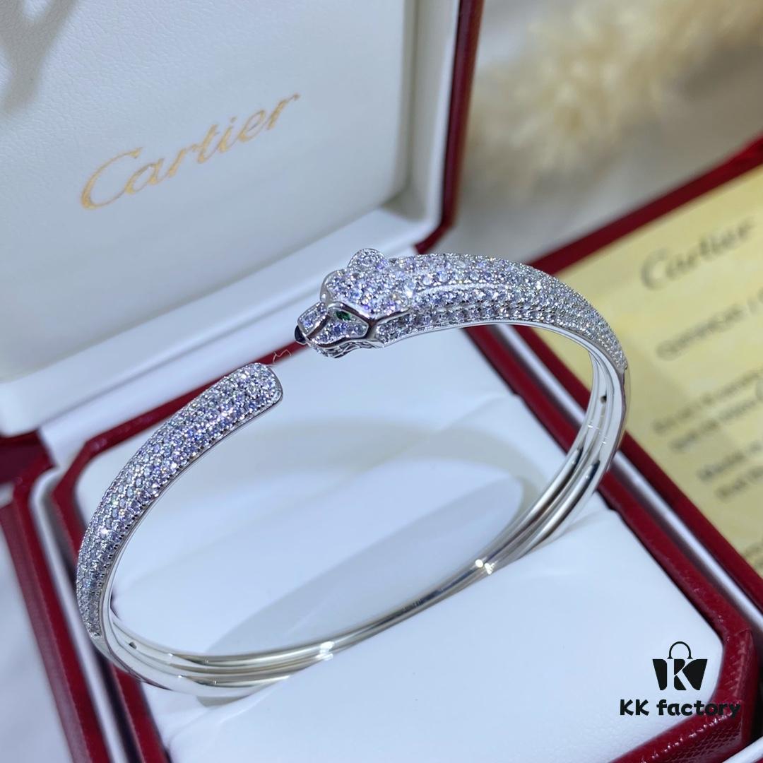 New Arrival V Gold Plated with Mimi Gold CNC Hand-Set Diamond Cartier Style Slim Half-Pave Panther Bracelet, Size 16.17