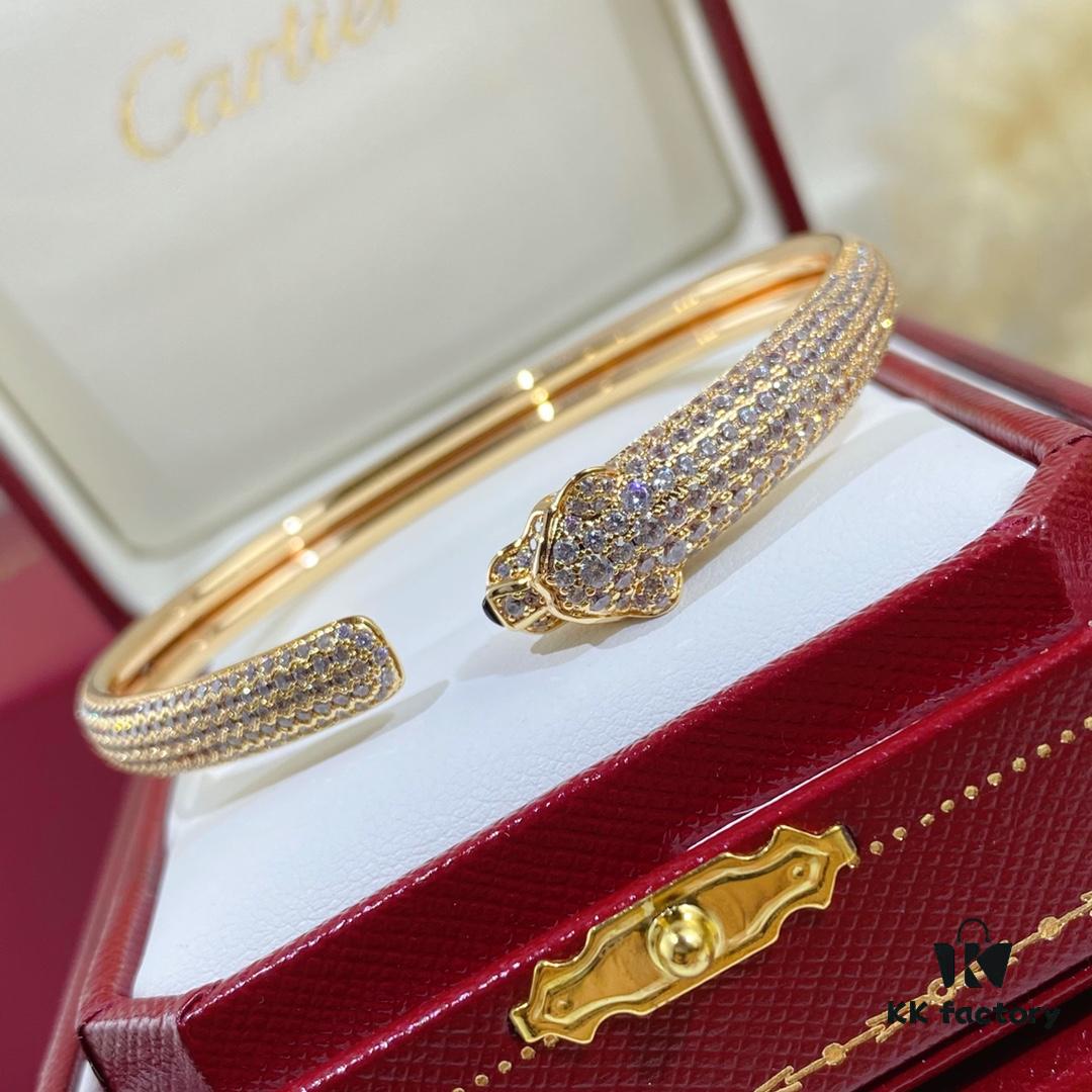 New Arrival V Gold Plated with Mimi Gold CNC Hand-Set Diamond Cartier Style Slim Half-Pave Panther Bracelet, Size 16.17