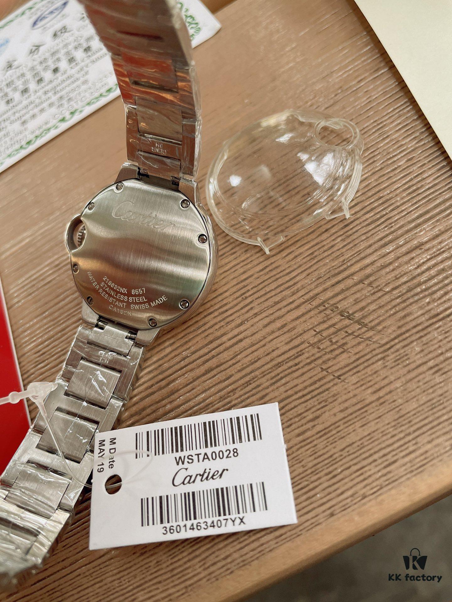 Cartier Classic Blue Balloon, Manta Ray Glass with Domed Curved Case, Guilloché Dial, Sword-Shaped Hands, Imported Ceramic Strap Paired with 316 Stainless Steel, 33mm Size