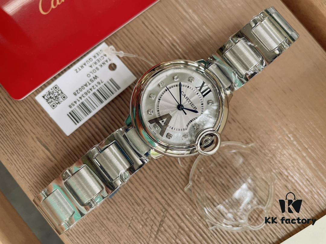 Cartier Classic Blue Balloon, Merman Glass Domed Curved Case, Guilloché Dial, Sword-Shaped Hands, Imported Ceramic Strap Paired with 316 Stainless Steel, 33mm Size