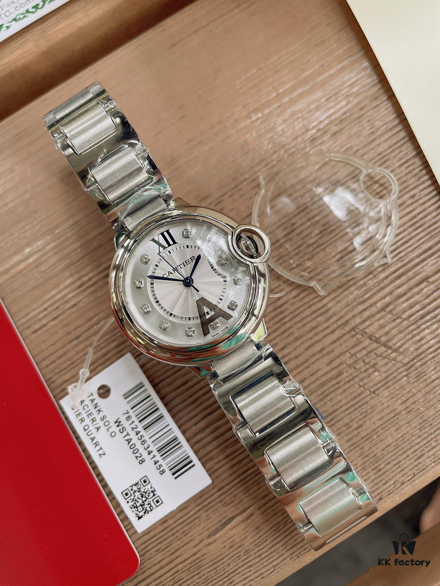 Cartier Classic Blue Balloon, Merman Glass Domed Curved Case, Guilloché Dial, Sword-Shaped Hands, Imported Ceramic Strap Paired with 316 Stainless Steel, 33mm Size