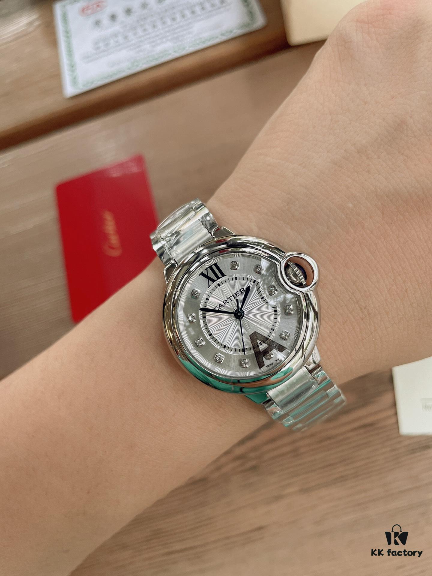 Cartier Classic Blue Balloon, Merman Glass Domed Curved Case, Guilloché Dial, Sword-Shaped Hands, Imported Ceramic Strap Paired with 316 Stainless Steel, 33mm Size