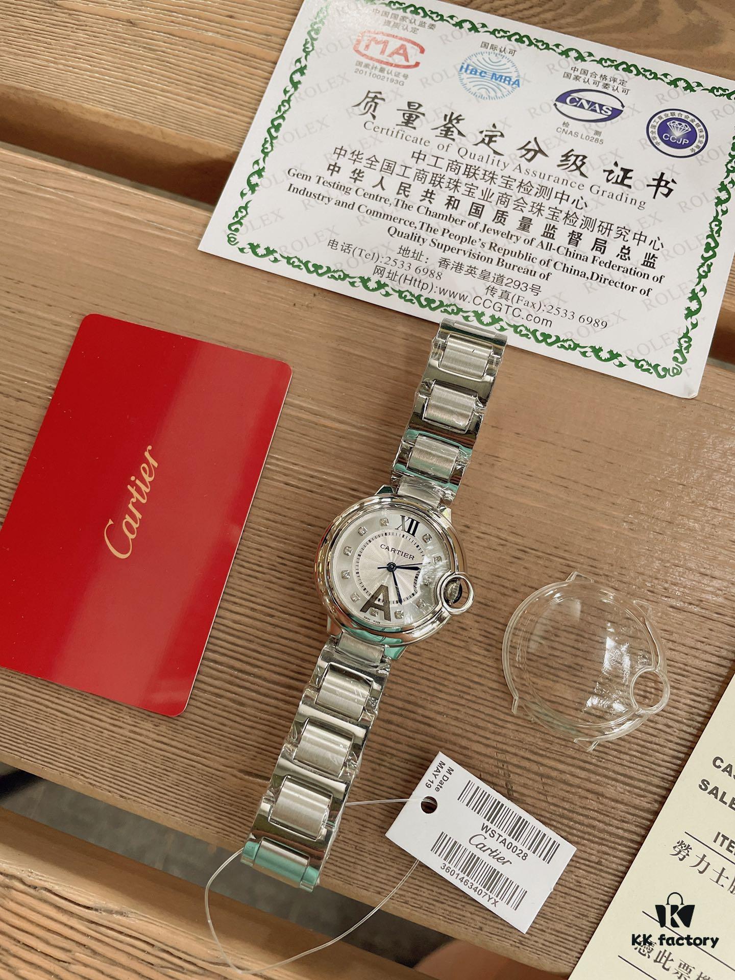 Cartier Classic Blue Balloon, Merman Glass Domed Curved Case, Guilloché Dial, Sword-Shaped Hands, Imported Ceramic Strap Paired with 316 Stainless Steel, 33mm Size