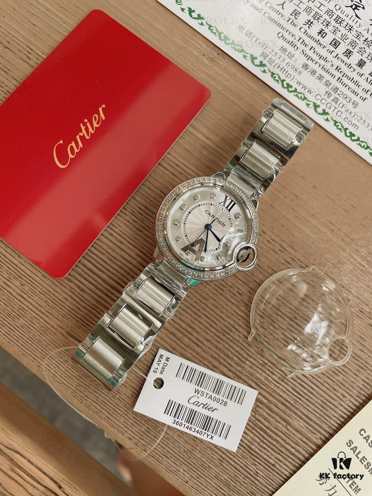 Cartier Classic Blue Balloon, Manta Ray Glass with Domed Curved Case, Guilloché Dial, Sword-Shaped Hands, Imported Ceramic Strap Paired with 316 Stainless Steel, 33mm Size