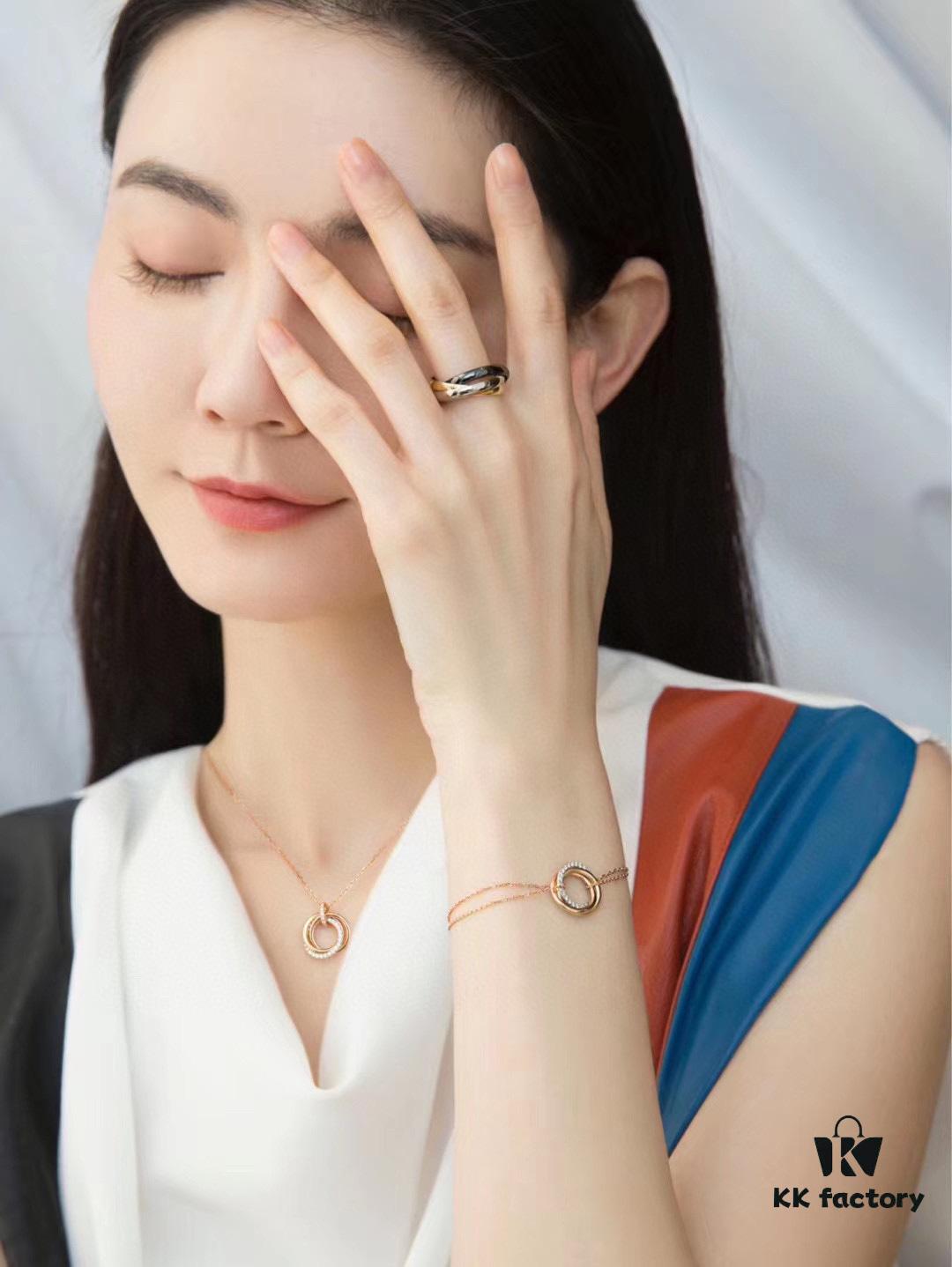 Luxury Custom Cartier 2021 New Triple Ring Series Three-Color Half-Diamond Set in S925 Sterling Silver with Thick Gold Plating