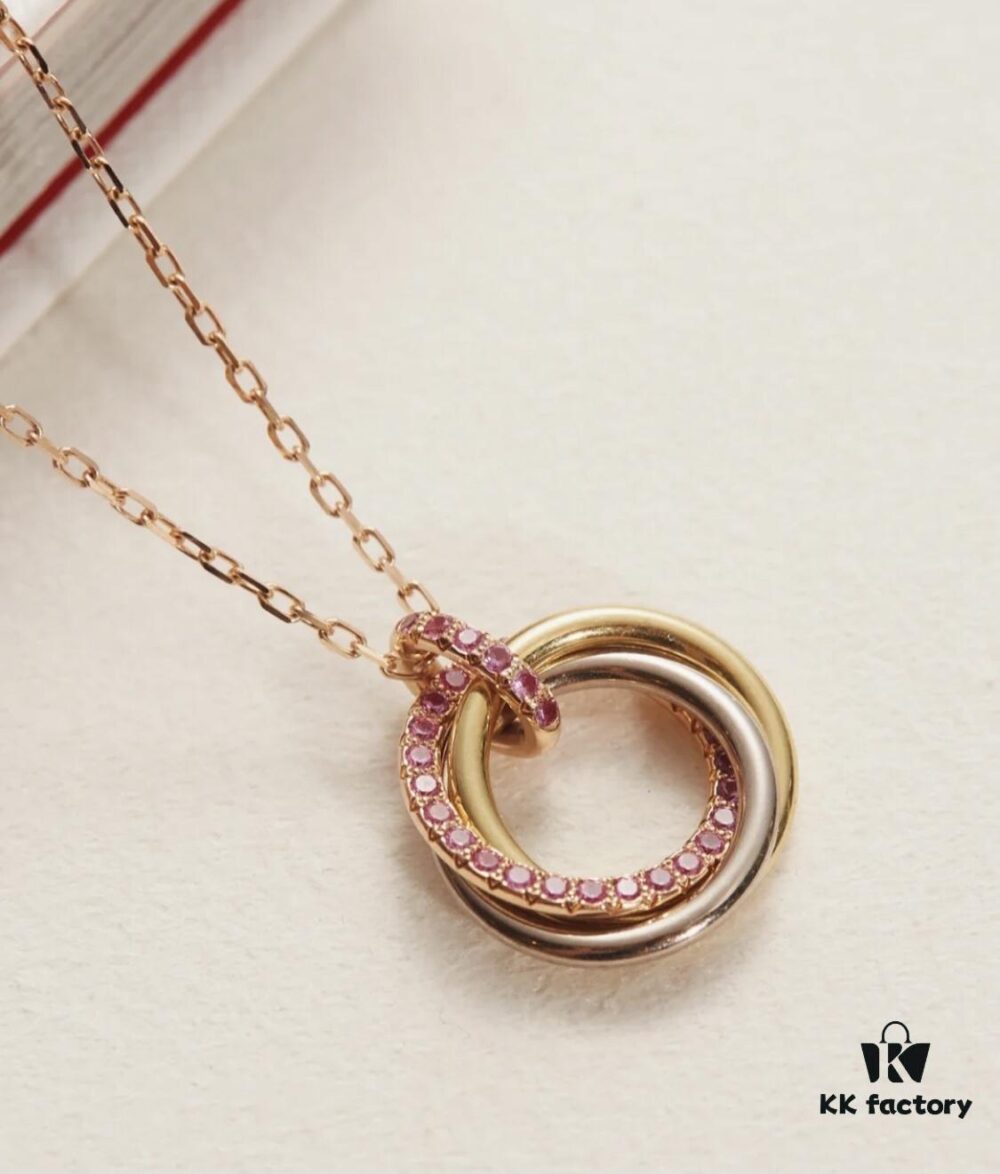 Cartier Pink Diamond Tricolor Trinity Necklace, S925 Sterling Silver, Premium Craftsmanship with Logo, Angel Pendant, Adjustable Chain 45cm