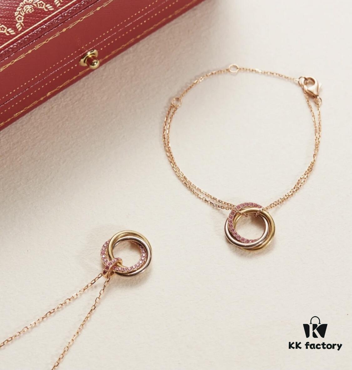 Cartier Pink Diamond Tricolor Trinity Necklace, S925 Sterling Silver, Premium Craftsmanship with Logo, Angel Pendant, Adjustable Chain 45cm