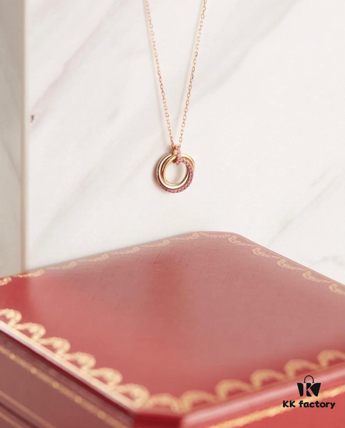 Cartier Pink Diamond Tricolor Trinity Necklace, S925 Sterling Silver, Premium Craftsmanship with Logo, Angel Pendant, Adjustable Chain 45cm