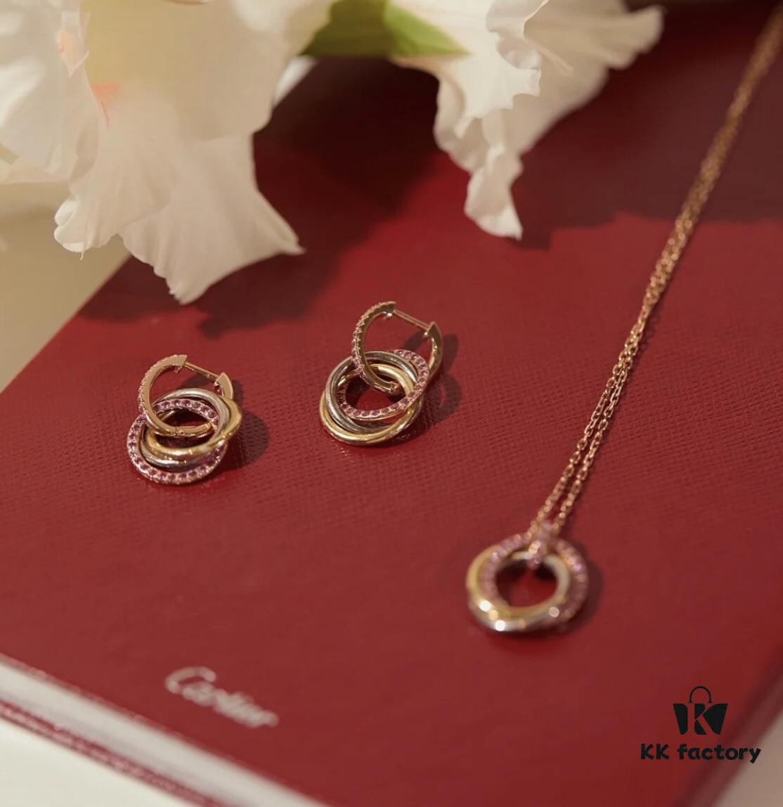 Cartier Pink Diamond Tricolor Trinity Necklace, S925 Sterling Silver, Premium Craftsmanship with Logo, Angel Pendant, Adjustable Chain 45cm