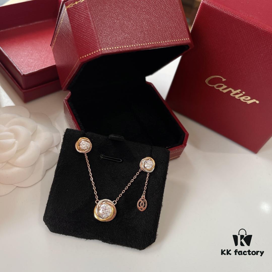 Cartier Trinity Three-Color Single Diamond Necklace and Stud Earrings, High-End Custom Jewelry with Precision Multi-Color Plating, Premium S925 Sterling Silver, Hypoallergenic and Fade-Resistant, Elegant Minimalist Design