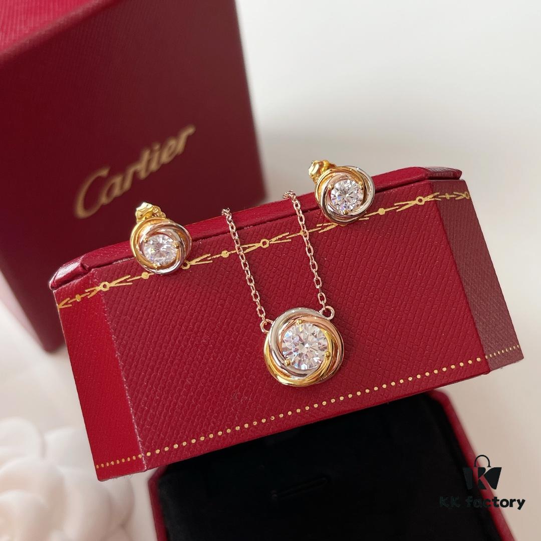 Cartier Trinity Three-Color Single Diamond Necklace and Stud Earrings, High-End Custom Jewelry with Precision Multi-Color Plating, Premium S925 Sterling Silver, Hypoallergenic and Fade-Resistant, Elegant Minimalist Design