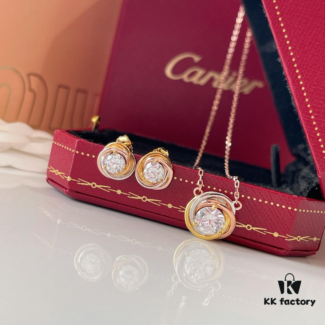 Cartier Trinity Three-Color Single Diamond Necklace and Stud Earrings, High-End Custom Jewelry with Precision Multi-Color Plating, Premium S925 Sterling Silver, Hypoallergenic and Fade-Resistant, Elegant Minimalist Design