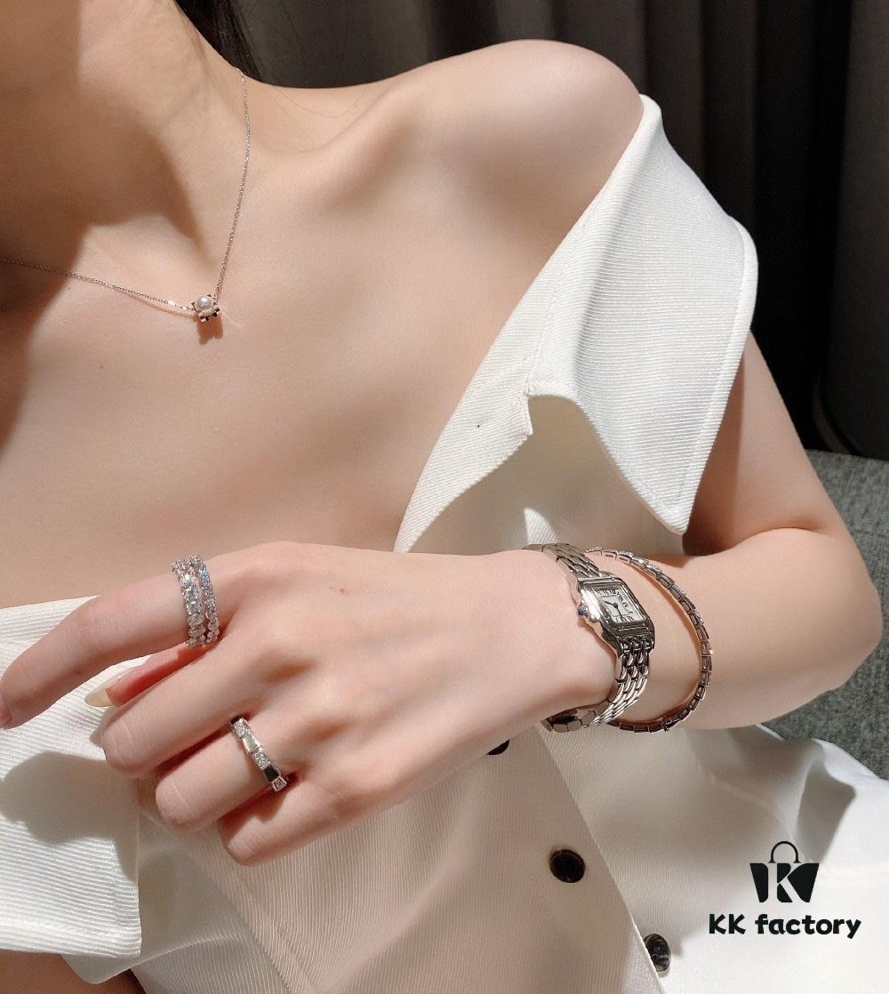 Cartier Love Pearl Necklace and Stud Earrings, Chanel Coco Crush Mini Narrow Ring, BV Snake Bone Mother-of-Pearl Diamond Ring