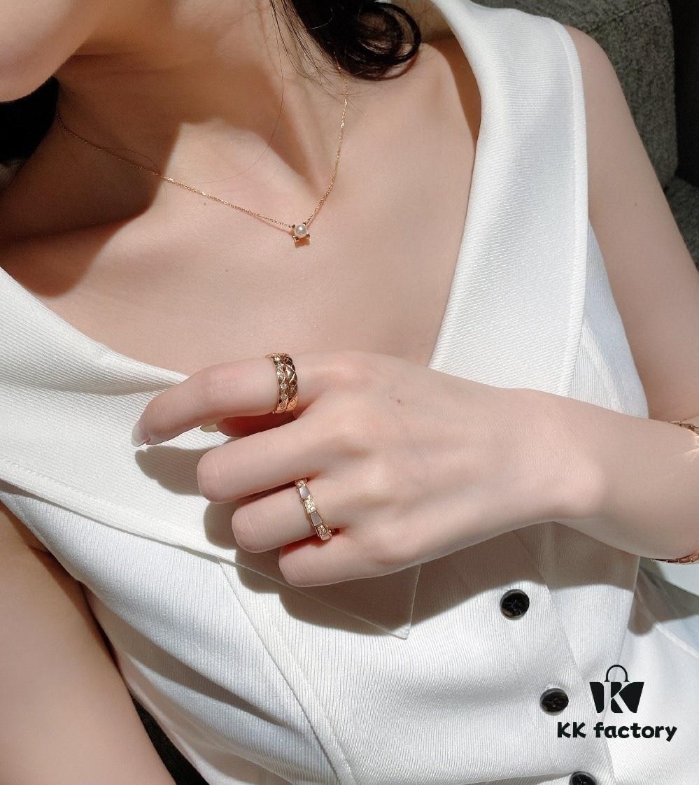 Cartier Love Pearl Necklace and Stud Earrings, Chanel Coco Crush Mini Narrow Ring, BV Snake Bone Mother-of-Pearl Diamond Ring