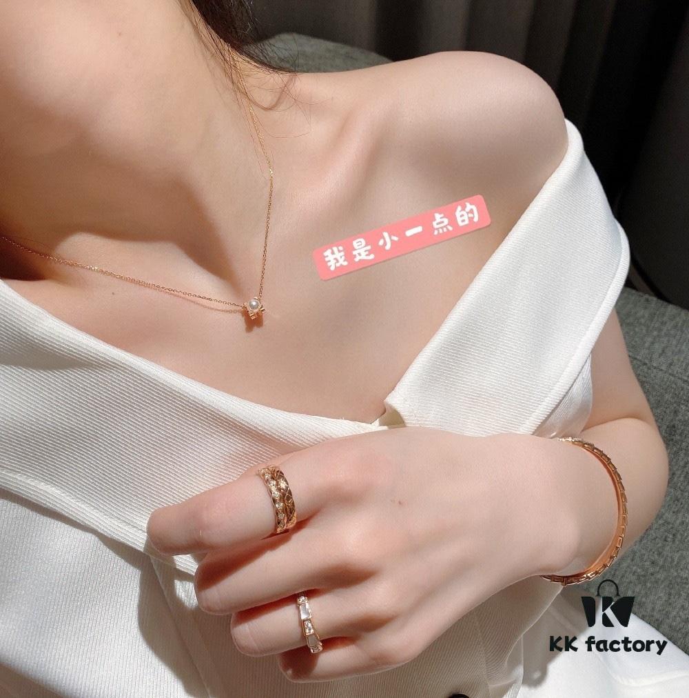 Cartier Love Pearl Necklace and Stud Earrings, Chanel Coco Crush Mini Narrow Ring, BV Snake Bone Mother-of-Pearl Diamond Ring