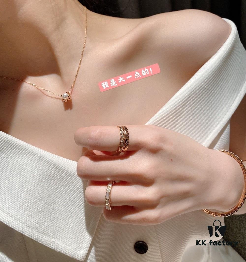 Cartier Love Pearl Necklace and Stud Earrings, Chanel Coco Crush Mini Narrow Ring, BV Snake Bone Mother-of-Pearl Diamond Ring