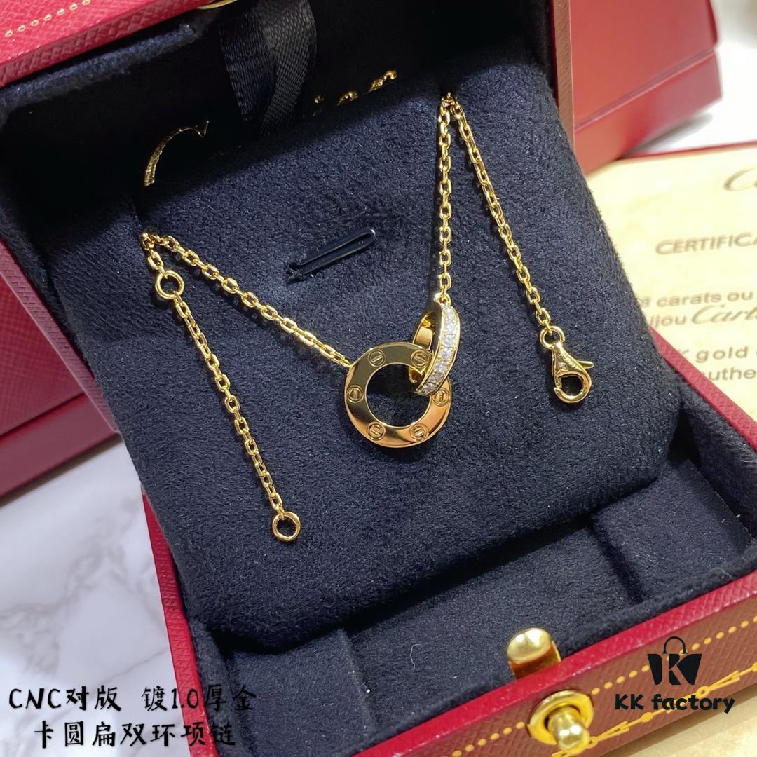 V Gold CNC Edition Round Flat Necklace, Cartier Classic Round Double-Sided Necklace for Two-Way Wearing