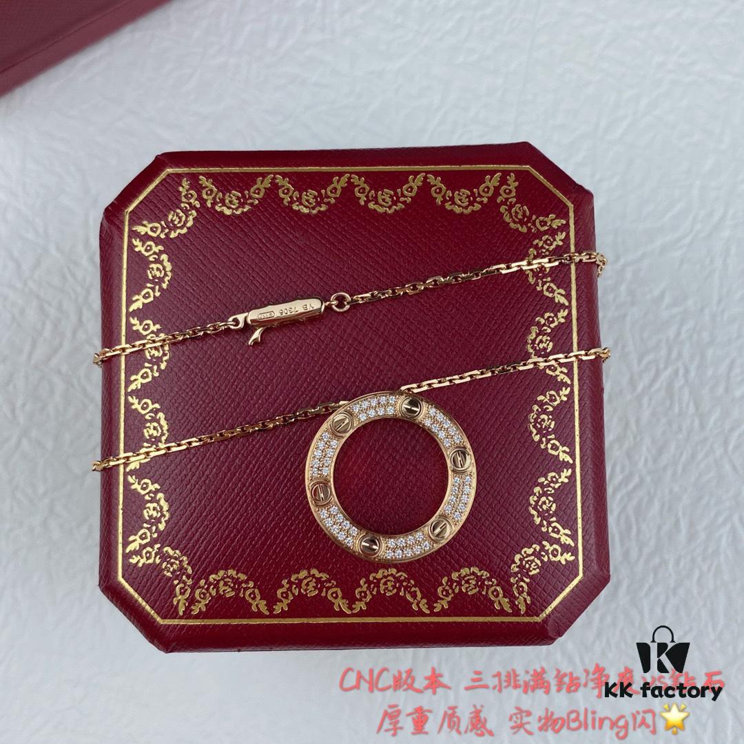 V Gold Material High-End Version Cartier Classic LOVE Double-Sided Round Necklace with Full Diamonds, German Imported Luxury Custom Jewelry