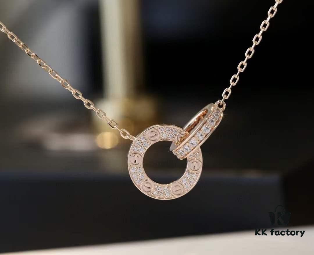 Valentine's Gift 🎁 Cartier Rose Gold Double Ring Full Diamond Round Pendant Necklace