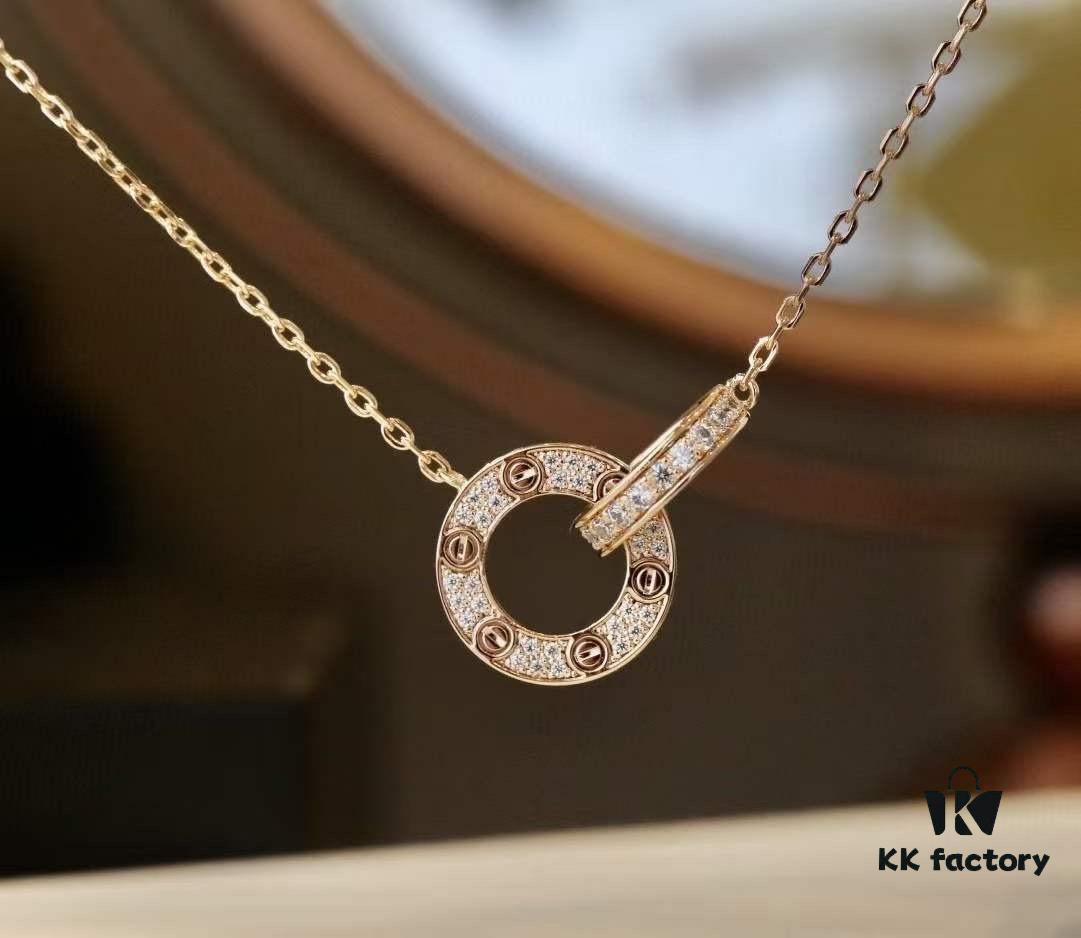 Valentine's Gift 🎁 Cartier Rose Gold Double Ring Full Diamond Round Pendant Necklace