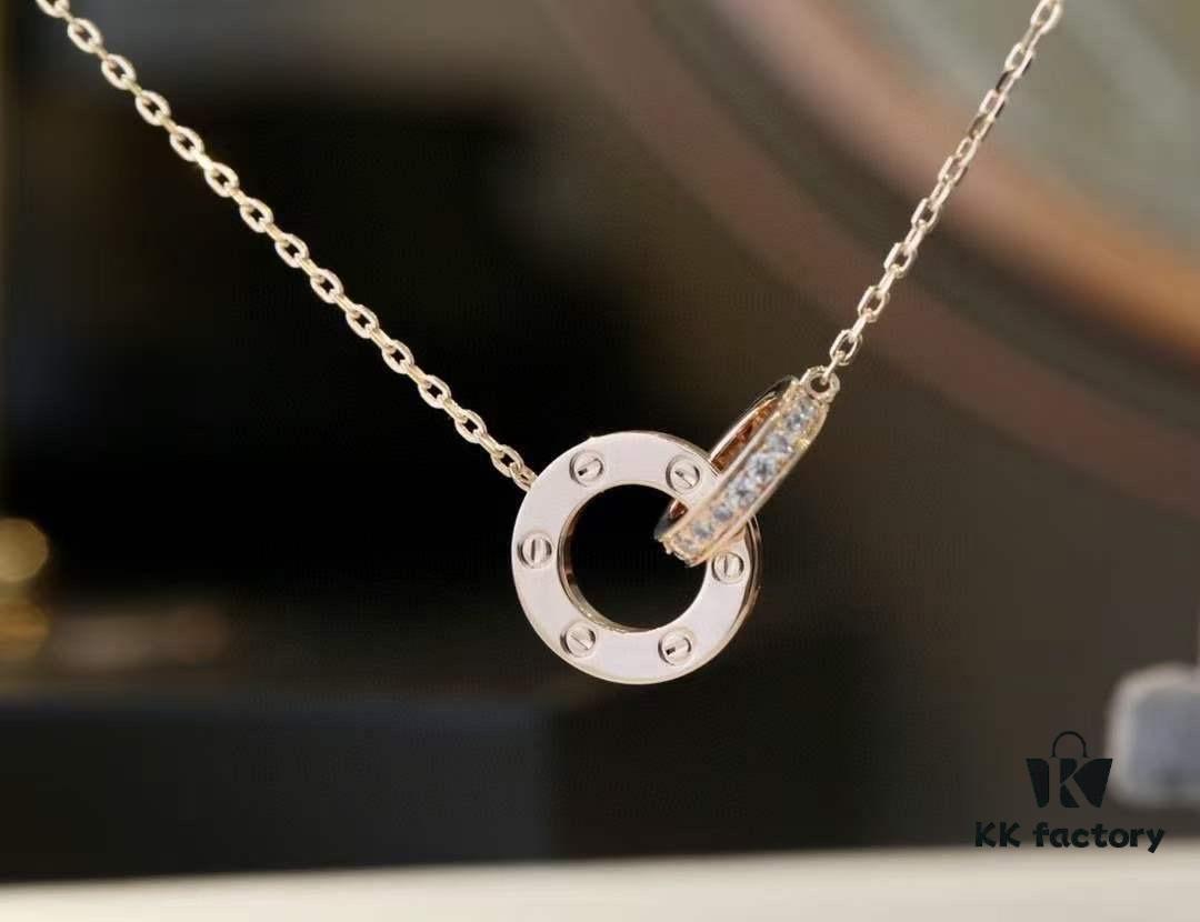 Valentine's Gift 🎁 Cartier Rose Gold Double Ring Full Diamond Round Pendant Necklace
