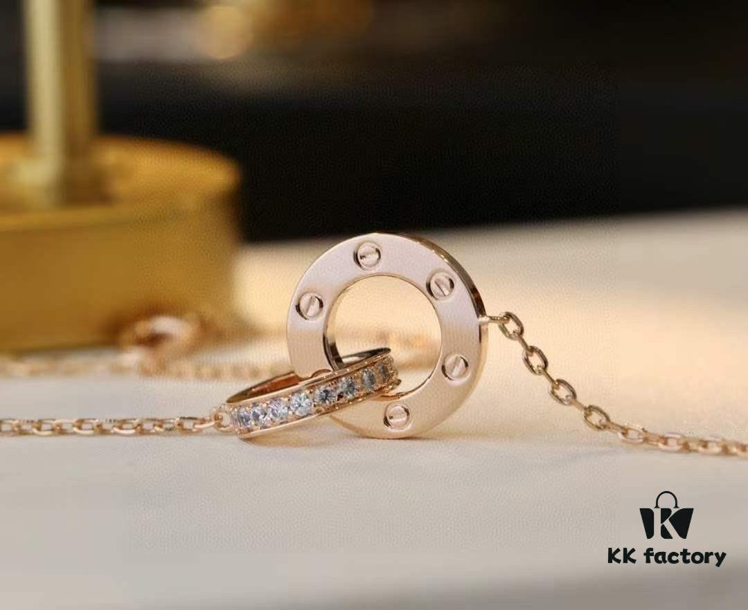 Valentine's Gift 🎁 Cartier Rose Gold Double Ring Full Diamond Round Pendant Necklace