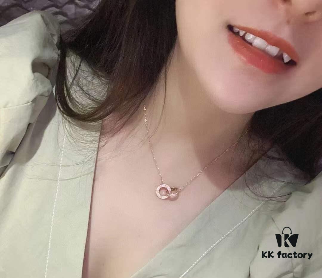 Valentine's Gift 🎁 Cartier Rose Gold Double Ring Full Diamond Round Pendant Necklace