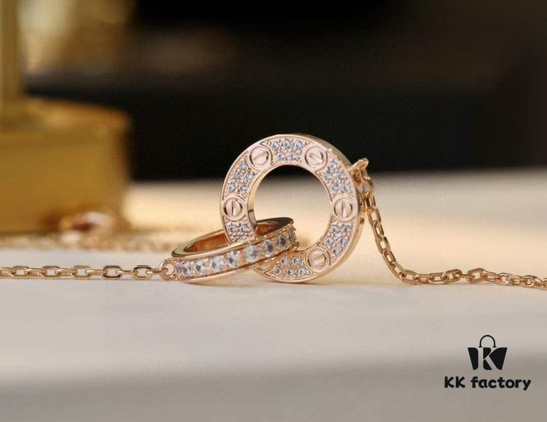 Valentine's Gift 🎁 Cartier Rose Gold Double Ring Full Diamond Round Pendant Necklace