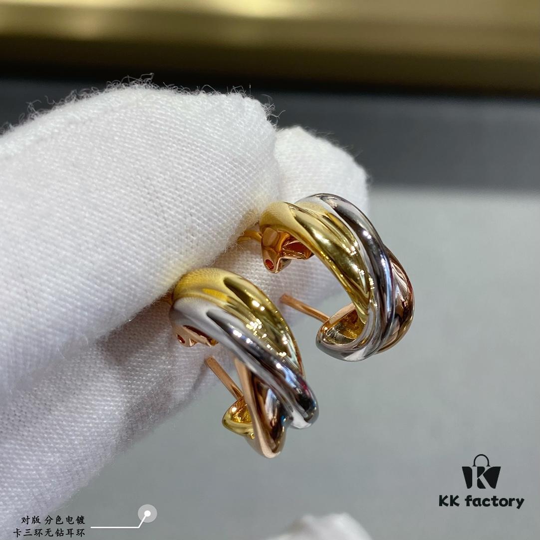 Color-Split Plating Cartier Trinity Triple Ring Diamond-Free Earrings, Another Classic Piece Perfectly Embodies Symmetrical Elegance and Grace, Highly Comfortable to Wear and Resistant to Snagging
