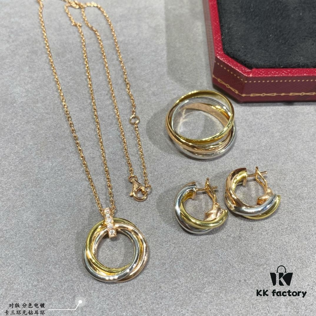 Color-Split Plating Cartier Trinity Triple Ring Diamond-Free Earrings, Another Classic Piece Perfectly Embodies Symmetrical Elegance and Grace, Highly Comfortable to Wear and Resistant to Snagging