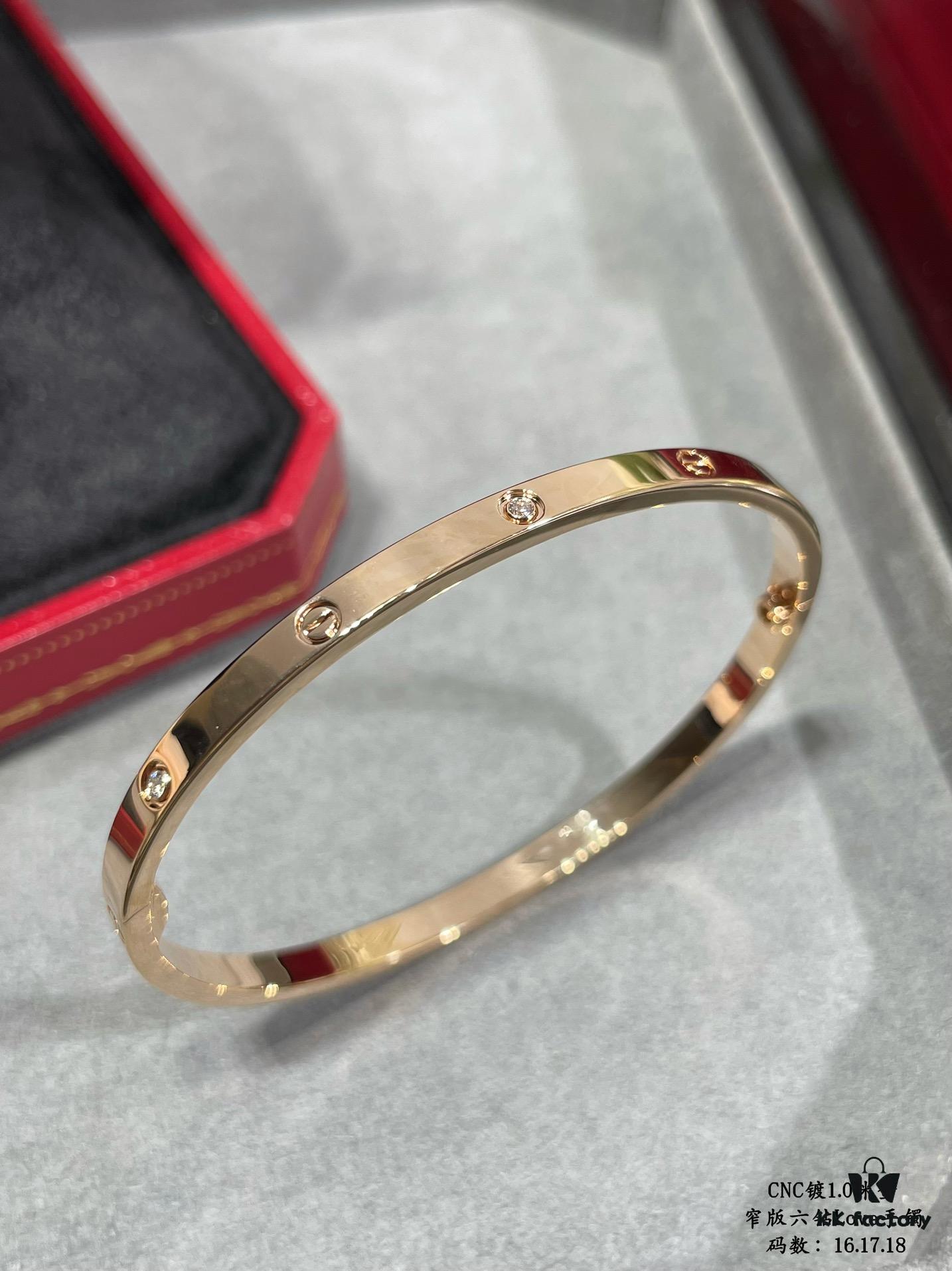 CNC High-End Custom Cartier Narrow Six-Diamond LOVE Bracelet, Advanced Craftsmanship with Polished Settings, Screw-Opening Design